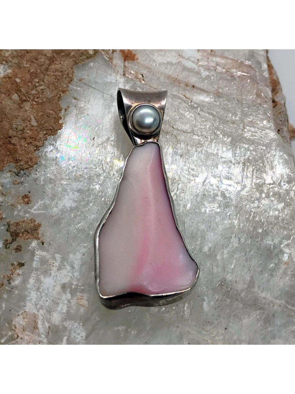 Echo of the Dreamer Pink Conch Shell Pearl Pendant Sterling Silver 2.25" Long